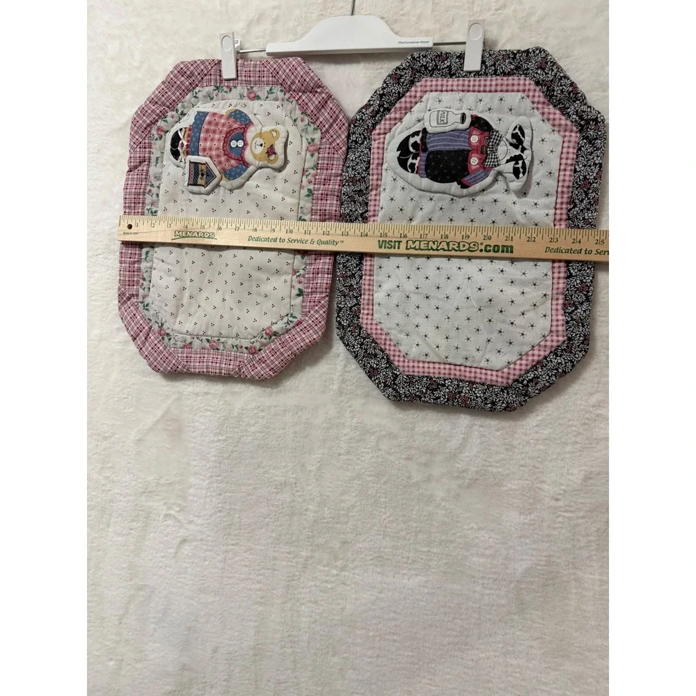 Vintage Quilted Placemats Set 2 Teddy Bear Cow Applique Farmhouse Red Blue